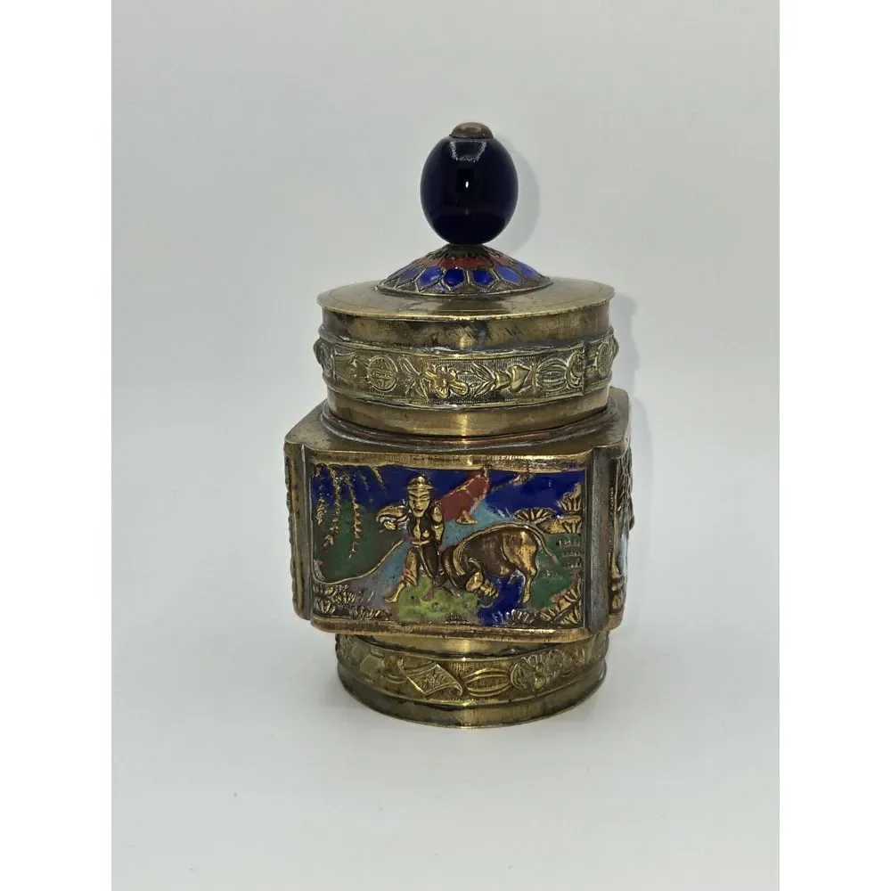Antique‎ Chinese Brass Enameled Tea Canister